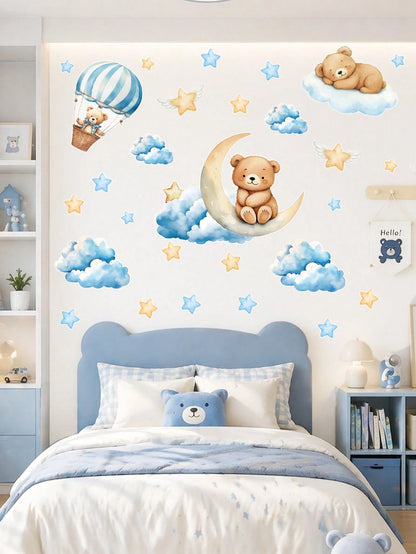 44pcs Blue Cartoon Cute Bear Wall Stickers, Panda Cloud Star Pattern PVC Self-Adhesive Wall Decals, Suitable For Baby Shower Decoration, Gender Reveal Decoration, Children's Room Decoration, 1st Birth