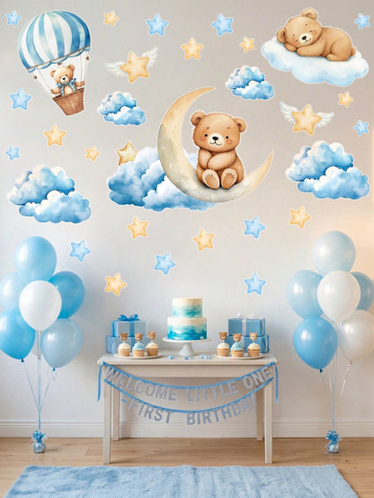 44pcs Blue Cartoon Cute Bear Wall Stickers, Panda Cloud Star Pattern PVC Self-Adhesive Wall Decals, Suitable For Baby Shower Decoration, Gender Reveal Decoration, Children's Room Decoration, 1st Birth