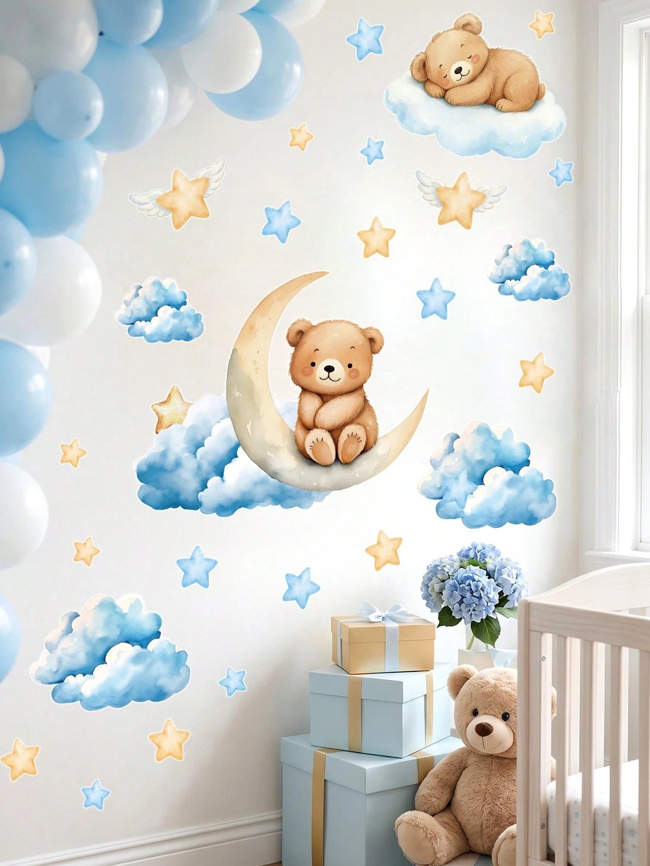 44pcs Blue Cartoon Cute Bear Wall Stickers, Panda Cloud Star Pattern PVC Self-Adhesive Wall Decals, Suitable For Baby Shower Decoration, Gender Reveal Decoration, Children's Room Decoration, 1st Birth