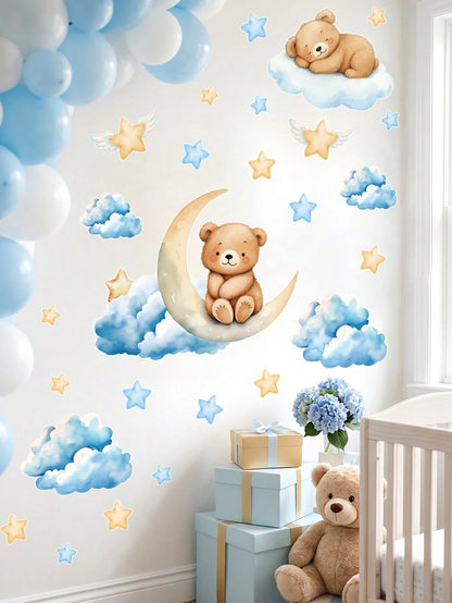 44pcs Blue Cartoon Cute Bear Wall Stickers, Panda Cloud Star Pattern PVC Self-Adhesive Wall Decals, Suitable For Baby Shower Decoration, Gender Reveal Decoration, Children's Room Decoration, 1st Birth