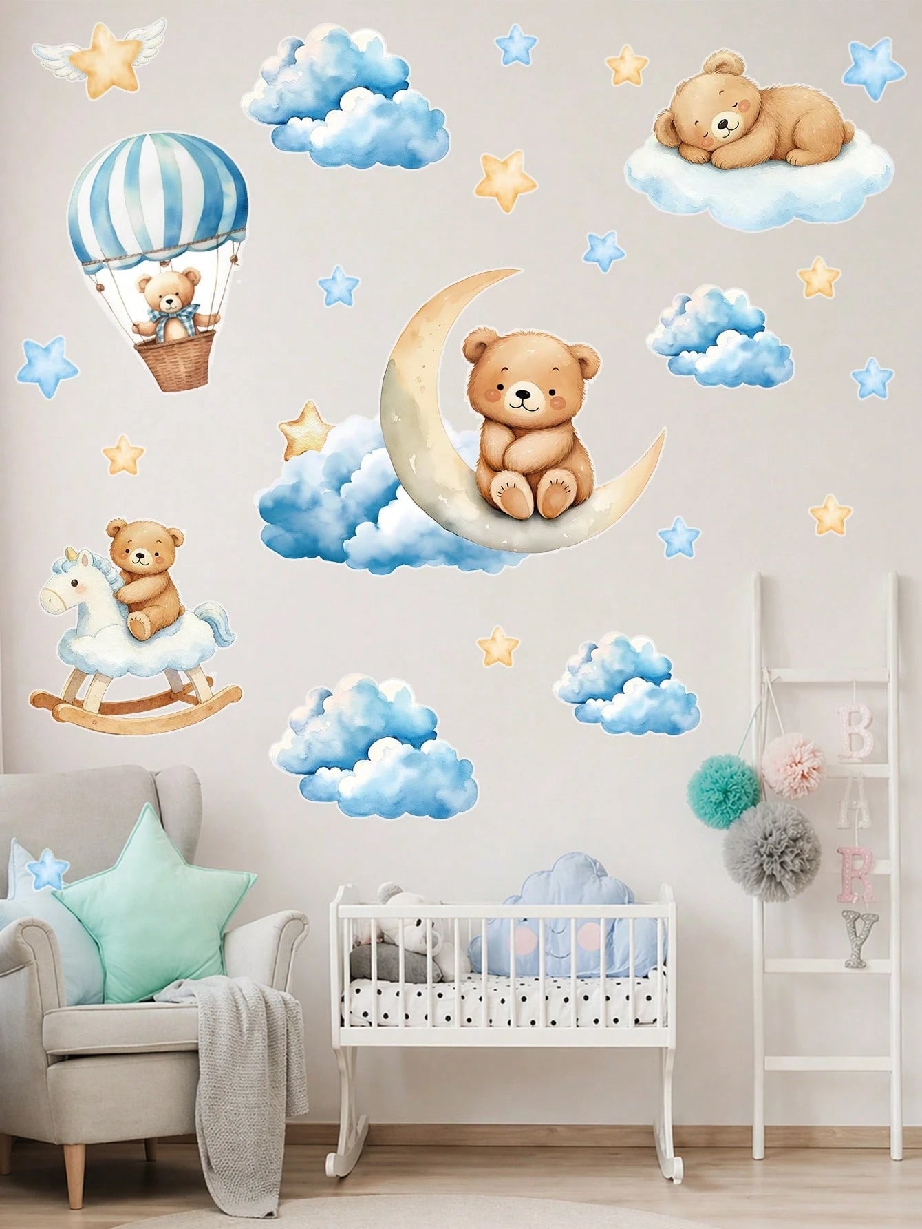 44pcs Blue Cartoon Cute Bear Wall Stickers, Panda Cloud Star Pattern PVC Self-Adhesive Wall Decals, Suitable For Baby Shower Decoration, Gender Reveal Decoration, Children's Room Decoration, 1st Birth