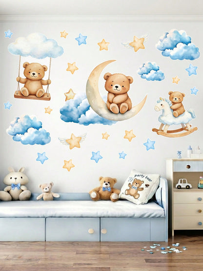 44pcs Blue Cartoon Cute Bear Wall Stickers, Panda Cloud Star Pattern PVC Self-Adhesive Wall Decals, Suitable For Baby Shower Decoration, Gender Reveal Decoration, Children's Room Decoration, 1st Birth