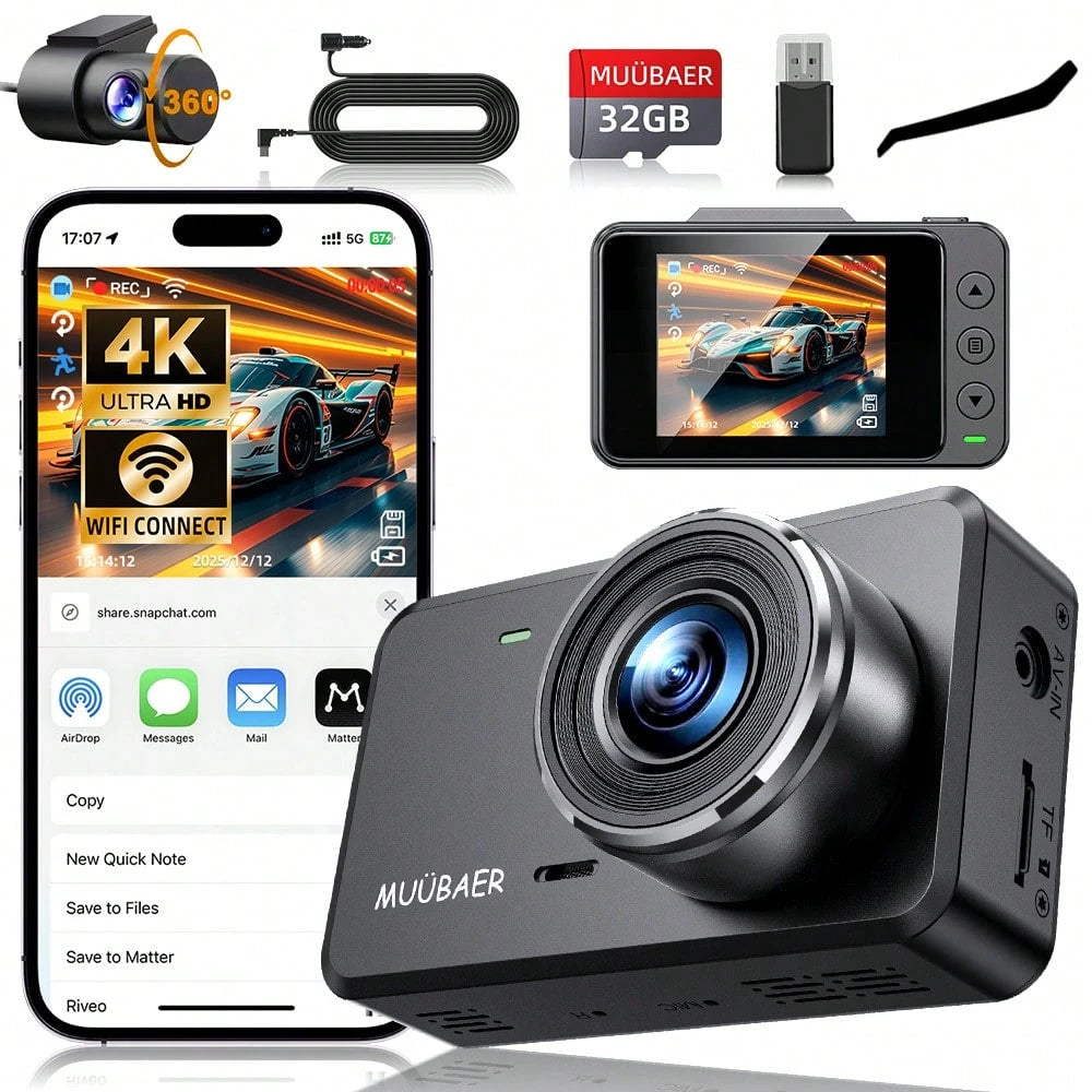 4K Dual Channel Dash Cam Front And Rear| 4K UHD Front + 1080P Rear Car DVR With WiFi & App Control, Super Night Vision, G-Sensor, 24H Parking Mode, Motion Detection| Ideal For Cars, SUVs, Taxis