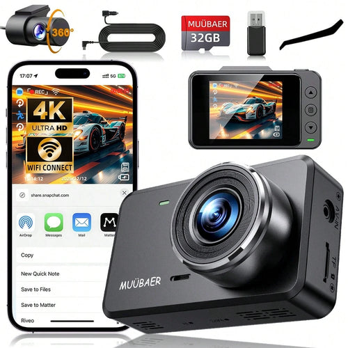 4K Dual Channel Dash Cam Front And Rear| 4K UHD Front + 1080P Rear Car DVR With WiFi & App Control, Super Night Vision, G-Sensor, 24H Parking Mode, Motion Detection| Ideal For Cars, SUVs, Taxis
