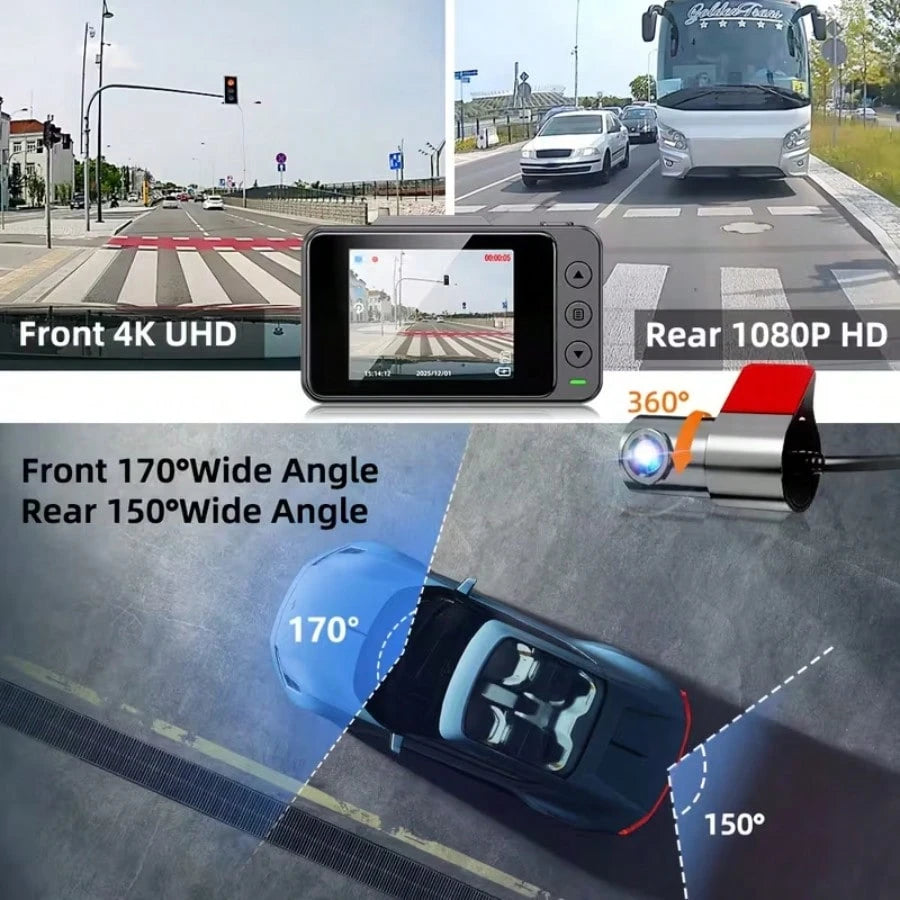 4K Dual Channel Dash Cam Front And Rear| 4K UHD Front + 1080P Rear Car DVR With WiFi & App Control, Super Night Vision, G-Sensor, 24H Parking Mode, Motion Detection| Ideal For Cars, SUVs, Taxis