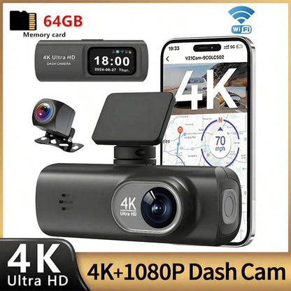 4K Ultra HD Dual Dash Cam, WiFi Front And Rear Dual Lens Dash Camera, 1.47" IPS Screen, App Supported, Motion Detection, Night Vision, 64GB Cycle Recording Dashcam, Wide Angle Dash Cam With G-Sensor