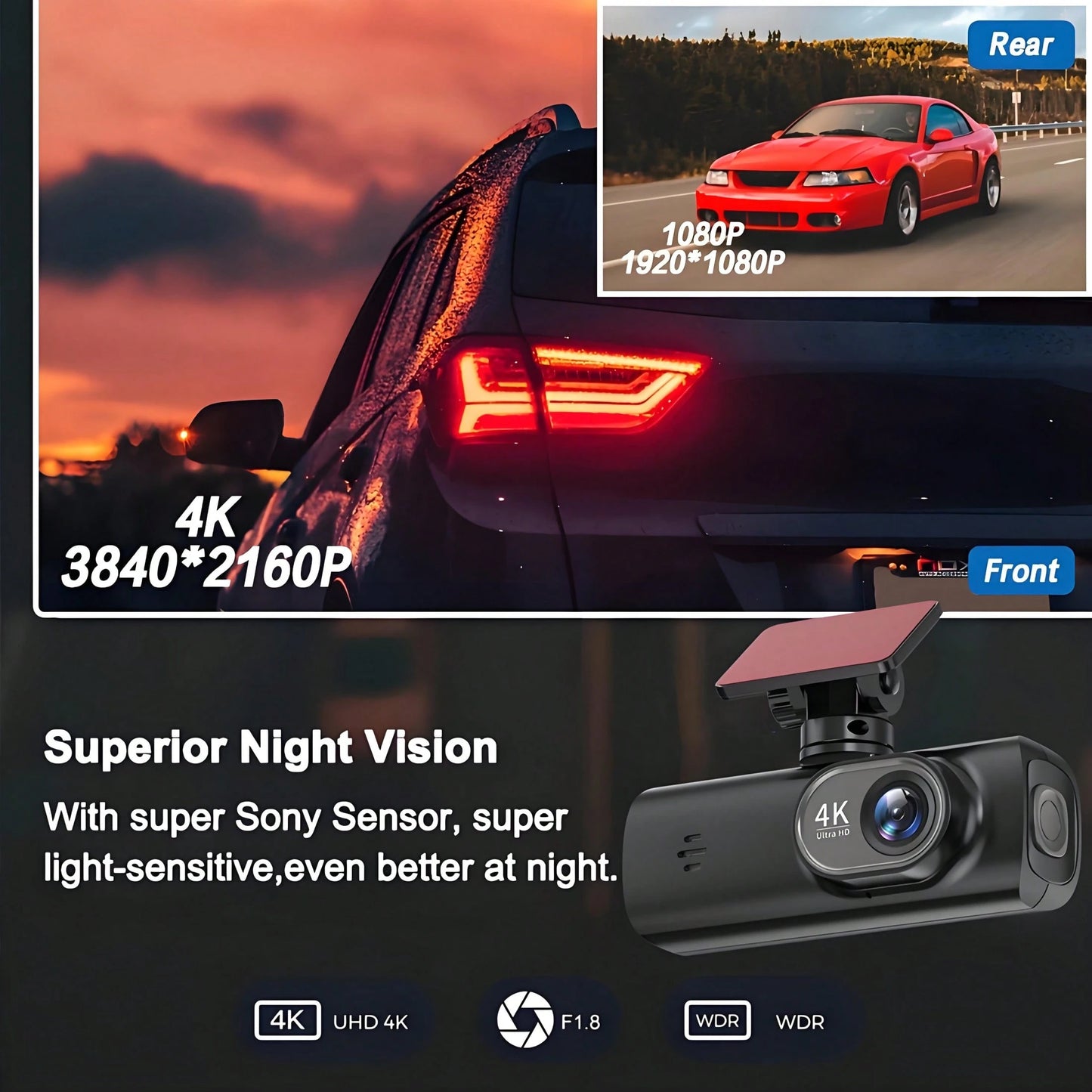 4K Ultra HD Dual Dash Cam, WiFi Front And Rear Dual Lens Dash Camera, 1.47" IPS Screen, App Supported, Motion Detection, Night Vision, 64GB Cycle Recording Dashcam, Wide Angle Dash Cam With G-Sensor