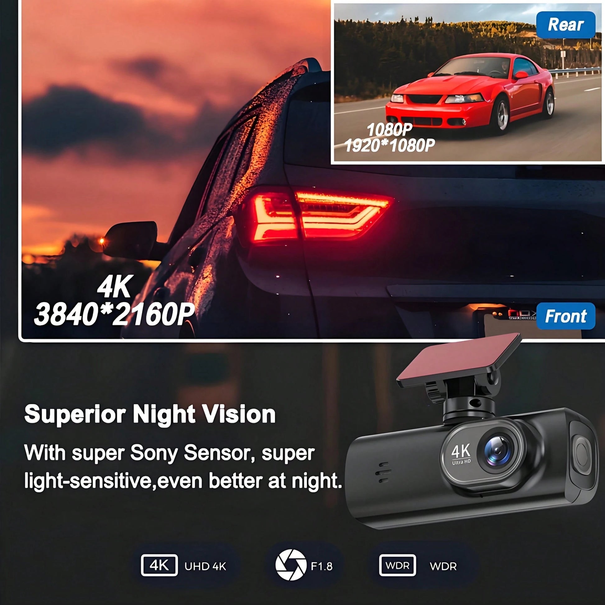 4K Ultra HD Dual Dash Cam, WiFi Front And Rear Dual Lens Dash Camera, 1.47" IPS Screen, App Supported, Motion Detection, Night Vision, 64GB Cycle Recording Dashcam, Wide Angle Dash Cam With G-Sensor