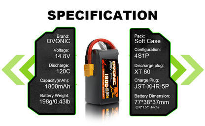 4×Ovonic 120C 4S 1800mAh 14.8V LiPo Battery Pack for FPV Racing with XT60 Plug for 5-6 inch FPV Racing Drones Freestyle Drones & Long-Range FPV