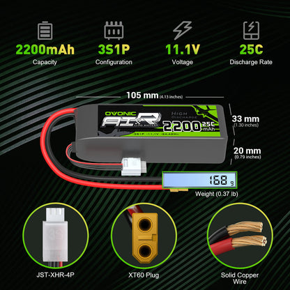 4×Ovonic 2200mAh 25C 3S1P 11.1V Lipo Battery with XT60 for RC Car & Trunk RC aircraft & Helicopters Freewing Dynam 1100mm-1500mm Plane