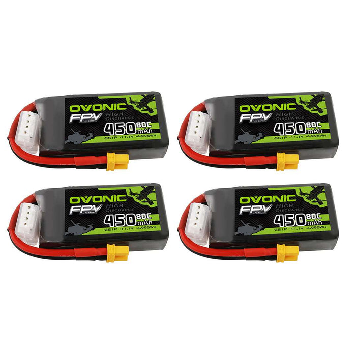 [4 Packs] Ovonic 450mah 3S 11.1V 80C Lipo Battery Pack with XT30 Plug for 80-130mm FPV - Ampow