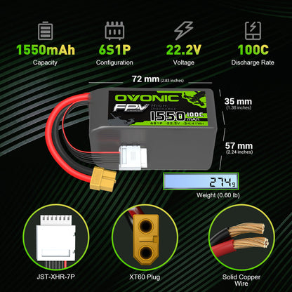 [4packs] Ovonic 22.2V 1550mAh 6S 100C LiPo Battery Pack with XT60 Plug - Ampow