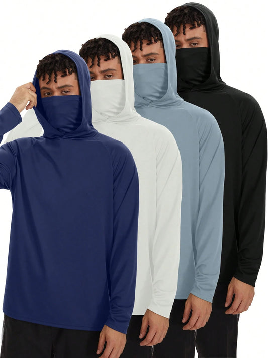 4pc Men's Sun Protection Hooded Sport Shirt With Mask, Quick Dry UV Protection Long Sleeve Guard Hoodie For Fishing Hiking Boating Cycling