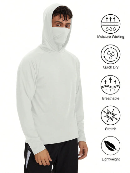 4pc Men's Sun Protection Hooded Sport Shirt With Mask, Quick Dry UV Protection Long Sleeve Guard Hoodie For Fishing Hiking Boating Cycling