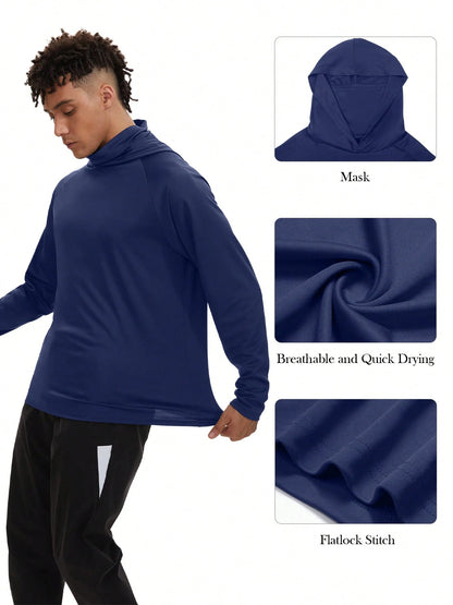 4pc Men's Sun Protection Hooded Sport Shirt With Mask, Quick Dry UV Protection Long Sleeve Guard Hoodie For Fishing Hiking Boating Cycling