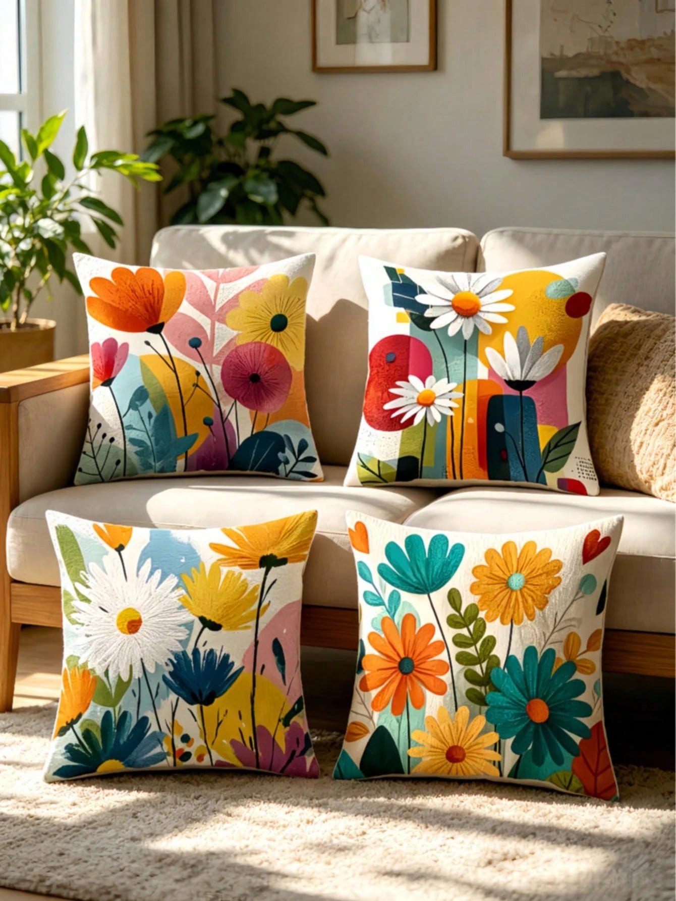 4pcs/1pc New Bohemian Style Themed Print Throw Pillow Covers- Rich Colorful Floral Pattern Design, Summer Decorative Cushion Covers, For Room Decor, Living Room Decor, Sofa And Bedroom| With Zipper