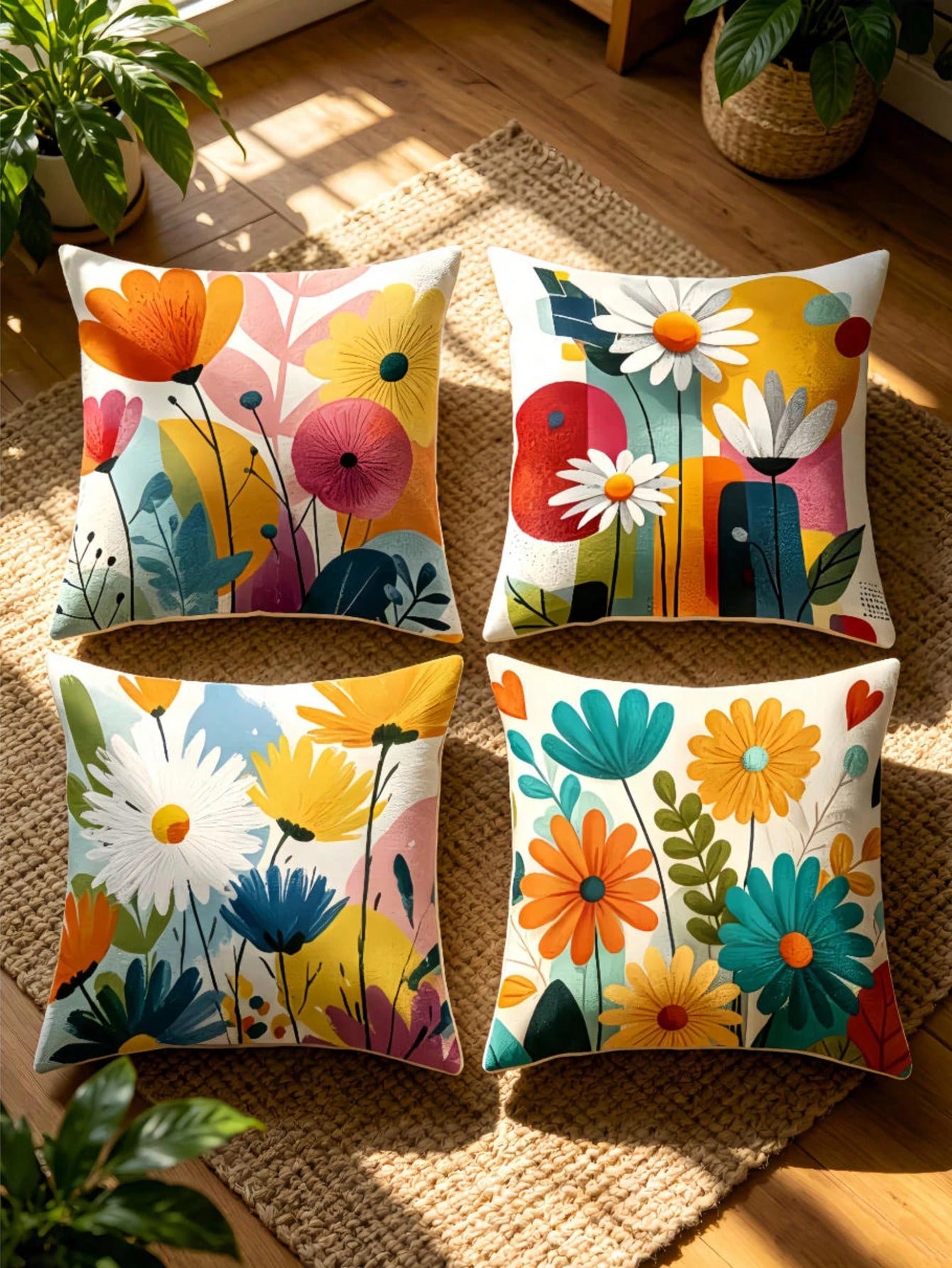 4pcs/1pc New Bohemian Style Themed Print Throw Pillow Covers- Rich Colorful Floral Pattern Design, Summer Decorative Cushion Covers, For Room Decor, Living Room Decor, Sofa And Bedroom| With Zipper