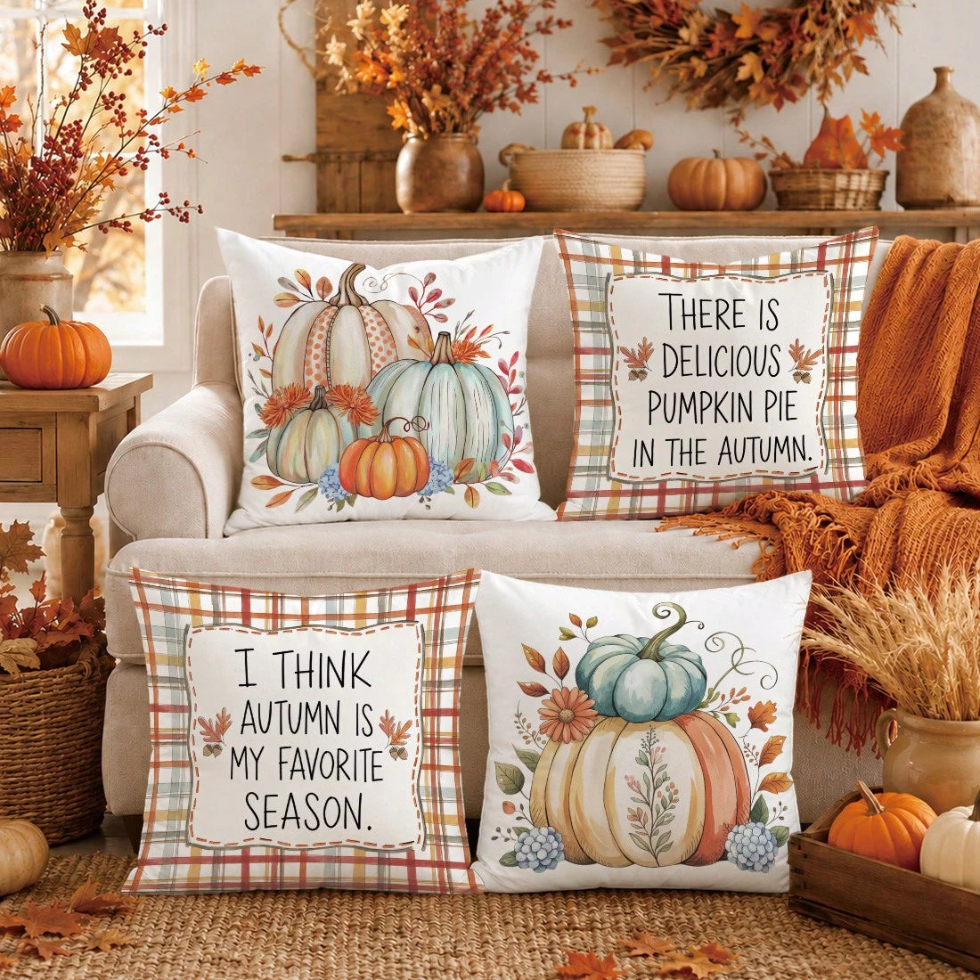 4pcs Autumn Colorful Plaid Pumpkin & Text Illustration Pattern Cushion Covers, Single-Sided Printed Skin-Friendly Peach Skin Velvet Material, 45*45CM Pillow Covers Suitable For Room Decor, Indoor Sofa