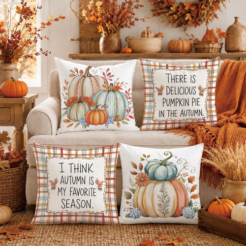 4pcs Autumn Colorful Plaid Pumpkin & Text Illustration Pattern Cushion Covers, Single-Sided Printed Skin-Friendly Peach Skin Velvet Material, 45*45CM Pillow Covers Suitable For Room Decor, Indoor Sofa