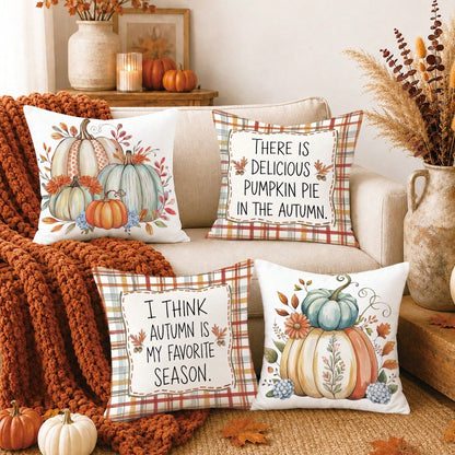 4pcs Autumn Colorful Plaid Pumpkin & Text Illustration Pattern Cushion Covers, Single-Sided Printed Skin-Friendly Peach Skin Velvet Material, 45*45CM Pillow Covers Suitable For Room Decor, Indoor Sofa