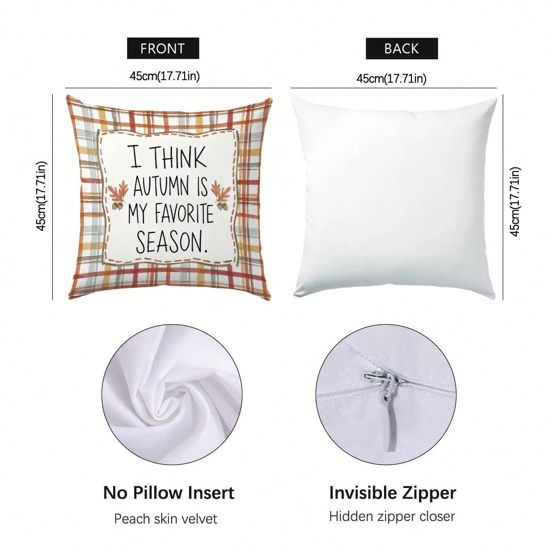 4pcs Autumn Colorful Plaid Pumpkin & Text Illustration Pattern Cushion Covers, Single-Sided Printed Skin-Friendly Peach Skin Velvet Material, 45*45CM Pillow Covers Suitable For Room Decor, Indoor Sofa