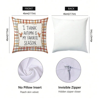 4pcs Autumn Colorful Plaid Pumpkin & Text Illustration Pattern Cushion Covers, Single-Sided Printed Skin-Friendly Peach Skin Velvet Material, 45*45CM Pillow Covers Suitable For Room Decor, Indoor Sofa