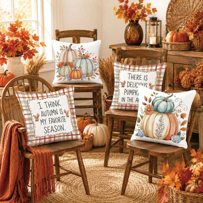 4pcs Autumn Colorful Plaid Pumpkin & Text Illustration Pattern Cushion Covers, Single-Sided Printed Skin-Friendly Peach Skin Velvet Material, 45*45CM Pillow Covers Suitable For Room Decor, Indoor Sofa