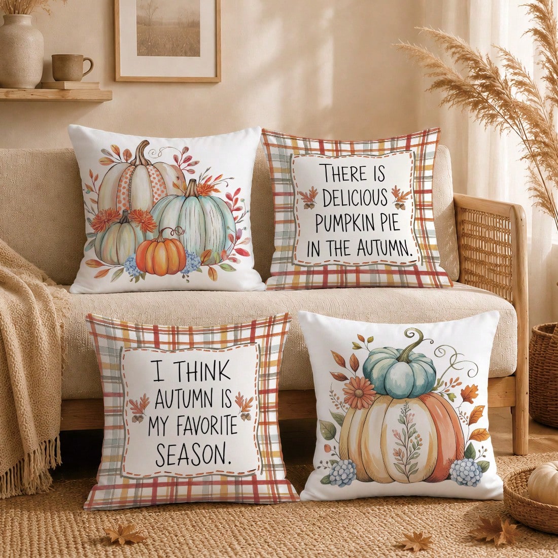 4pcs Autumn Colorful Plaid Pumpkin & Text Illustration Pattern Cushion Covers, Single-Sided Printed Skin-Friendly Peach Skin Velvet Material, 45*45CM Pillow Covers Suitable For Room Decor, Indoor Sofa