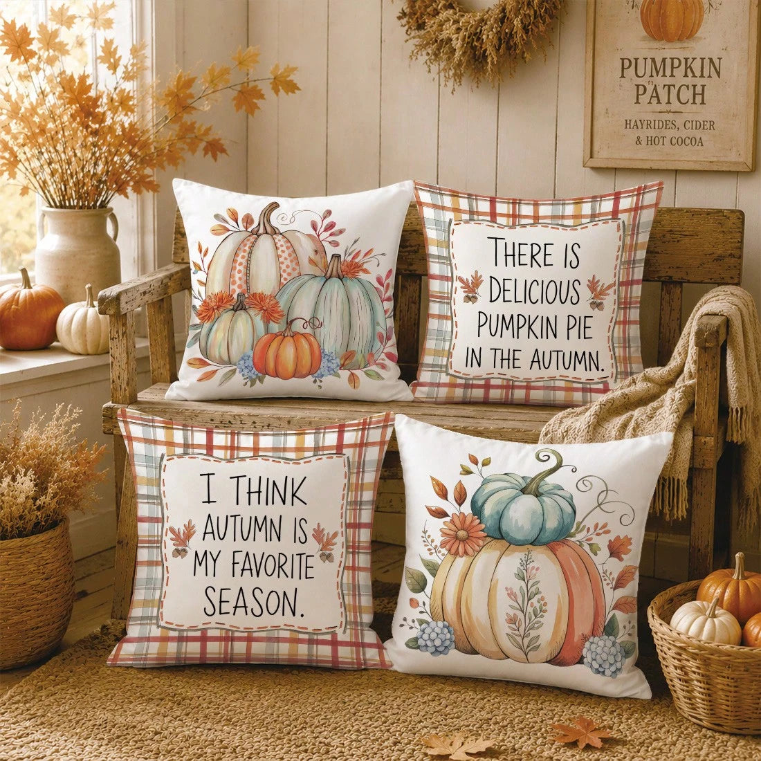 4pcs Autumn Colorful Plaid Pumpkin & Text Illustration Pattern Cushion Covers, Single-Sided Printed Skin-Friendly Peach Skin Velvet Material, 45*45CM Pillow Covers Suitable For Room Decor, Indoor Sofa
