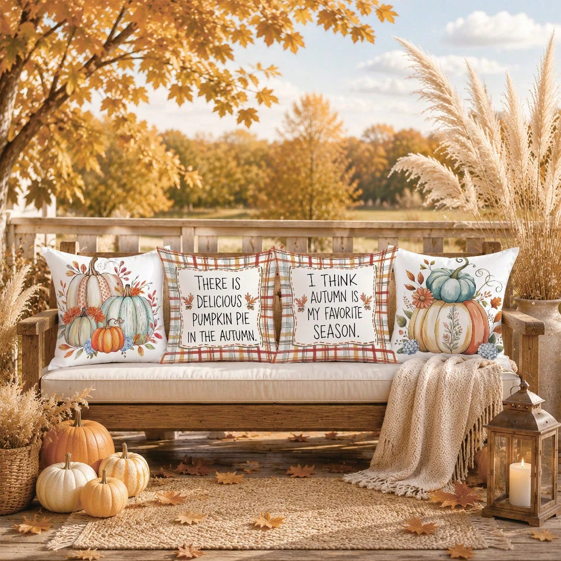 4pcs Autumn Colorful Plaid Pumpkin & Text Illustration Pattern Cushion Covers, Single-Sided Printed Skin-Friendly Peach Skin Velvet Material, 45*45CM Pillow Covers Suitable For Room Decor, Indoor Sofa
