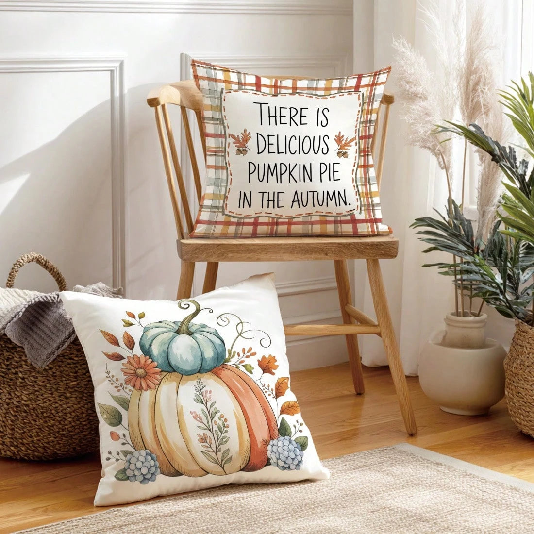 4pcs Autumn Colorful Plaid Pumpkin & Text Illustration Pattern Cushion Covers, Single-Sided Printed Skin-Friendly Peach Skin Velvet Material, 45*45CM Pillow Covers Suitable For Room Decor, Indoor Sofa