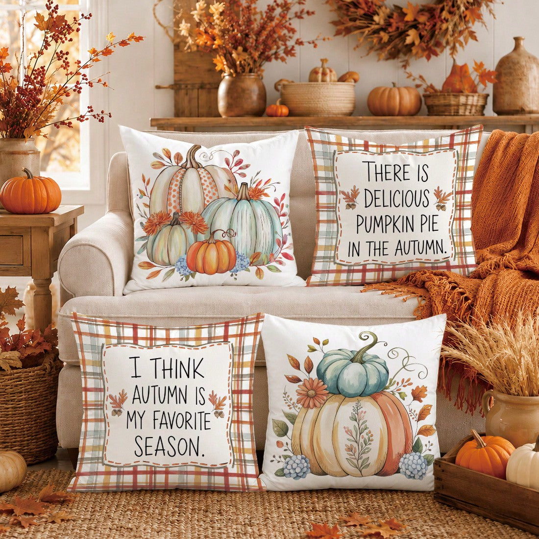 4pcs Autumn Colorful Plaid Pumpkin & Text Illustration Pattern Cushion Covers, Single-Sided Printed Skin-Friendly Peach Skin Velvet Material, 45*45CM Pillow Covers Suitable For Room Decor, Indoor Sofa