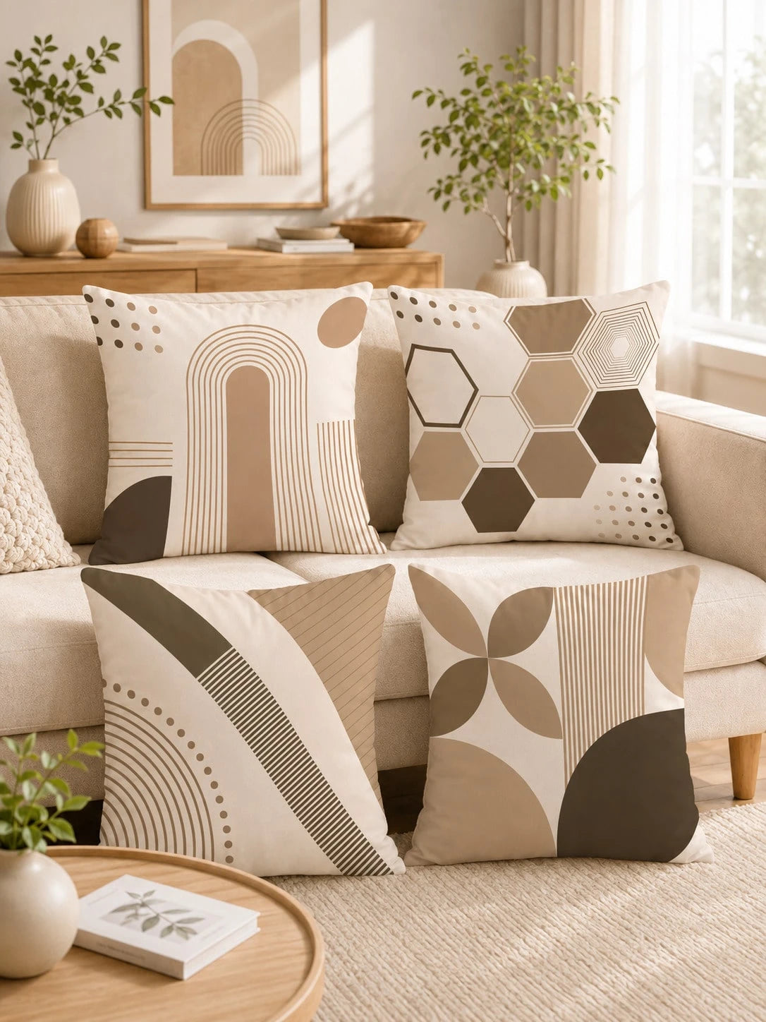 4pcs Beige Bohemian Arch Line Abstract Geometric Print Pillow Covers [Without Pillow Insert], 40*40cm/45*45cm/50*50cm, [Single-Sided Printing] Made Of Polyester Material Minimalist Modern Hexagon Stri