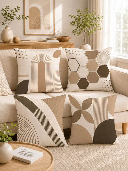4pcs Beige Bohemian Arch Line Abstract Geometric Print Pillow Covers [Without Pillow Insert], 40*40cm/45*45cm/50*50cm, [Single-Sided Printing] Made Of Polyester Material Minimalist Modern Hexagon Stri