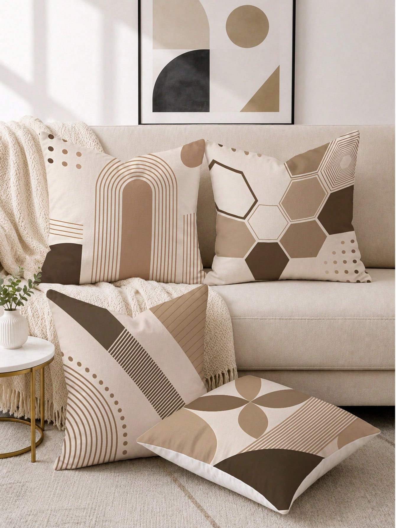 4pcs Beige Bohemian Arch Line Abstract Geometric Print Pillow Covers [Without Pillow Insert], 40*40cm/45*45cm/50*50cm, [Single-Sided Printing] Made Of Polyester Material Minimalist Modern Hexagon Stri