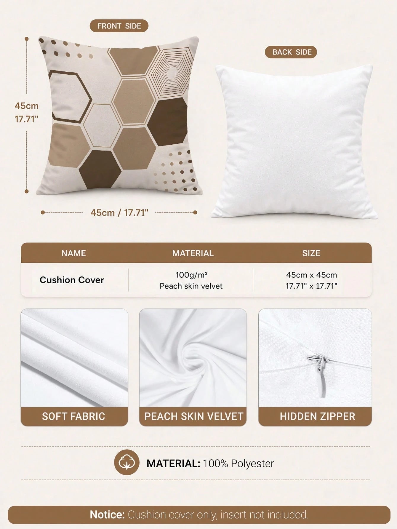 4pcs Beige Bohemian Arch Line Abstract Geometric Print Pillow Covers [Without Pillow Insert], 40*40cm/45*45cm/50*50cm, [Single-Sided Printing] Made Of Polyester Material Minimalist Modern Hexagon Stri