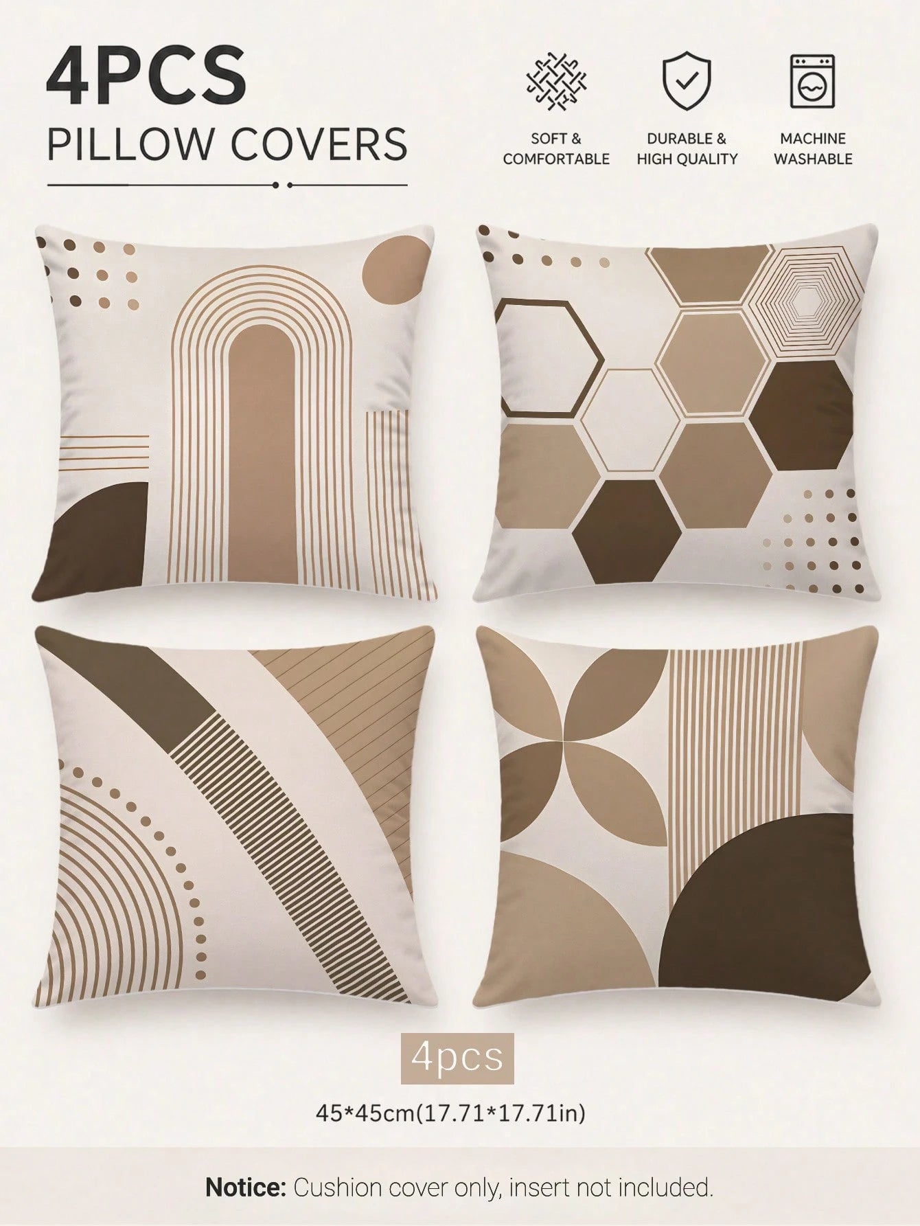 4pcs Beige Bohemian Arch Line Abstract Geometric Print Pillow Covers [Without Pillow Insert], 40*40cm/45*45cm/50*50cm, [Single-Sided Printing] Made Of Polyester Material Minimalist Modern Hexagon Stri