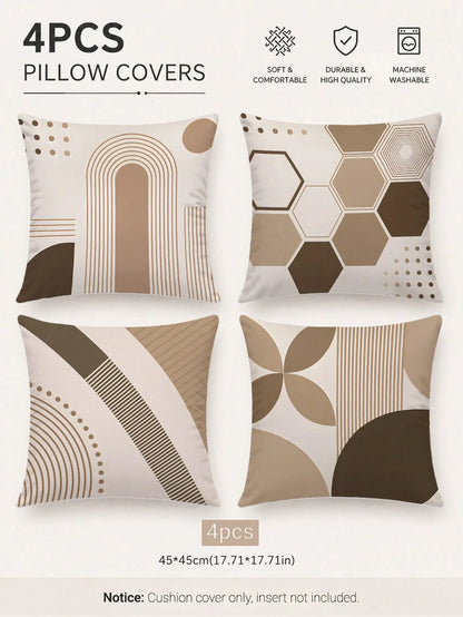 4pcs Beige Bohemian Arch Line Abstract Geometric Print Pillow Covers [Without Pillow Insert], 40*40cm/45*45cm/50*50cm, [Single-Sided Printing] Made Of Polyester Material Minimalist Modern Hexagon Stri