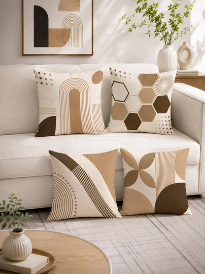 4pcs Beige Bohemian Arch Line Abstract Geometric Print Pillow Covers [Without Pillow Insert], 40*40cm/45*45cm/50*50cm, [Single-Sided Printing] Made Of Polyester Material Minimalist Modern Hexagon Stri