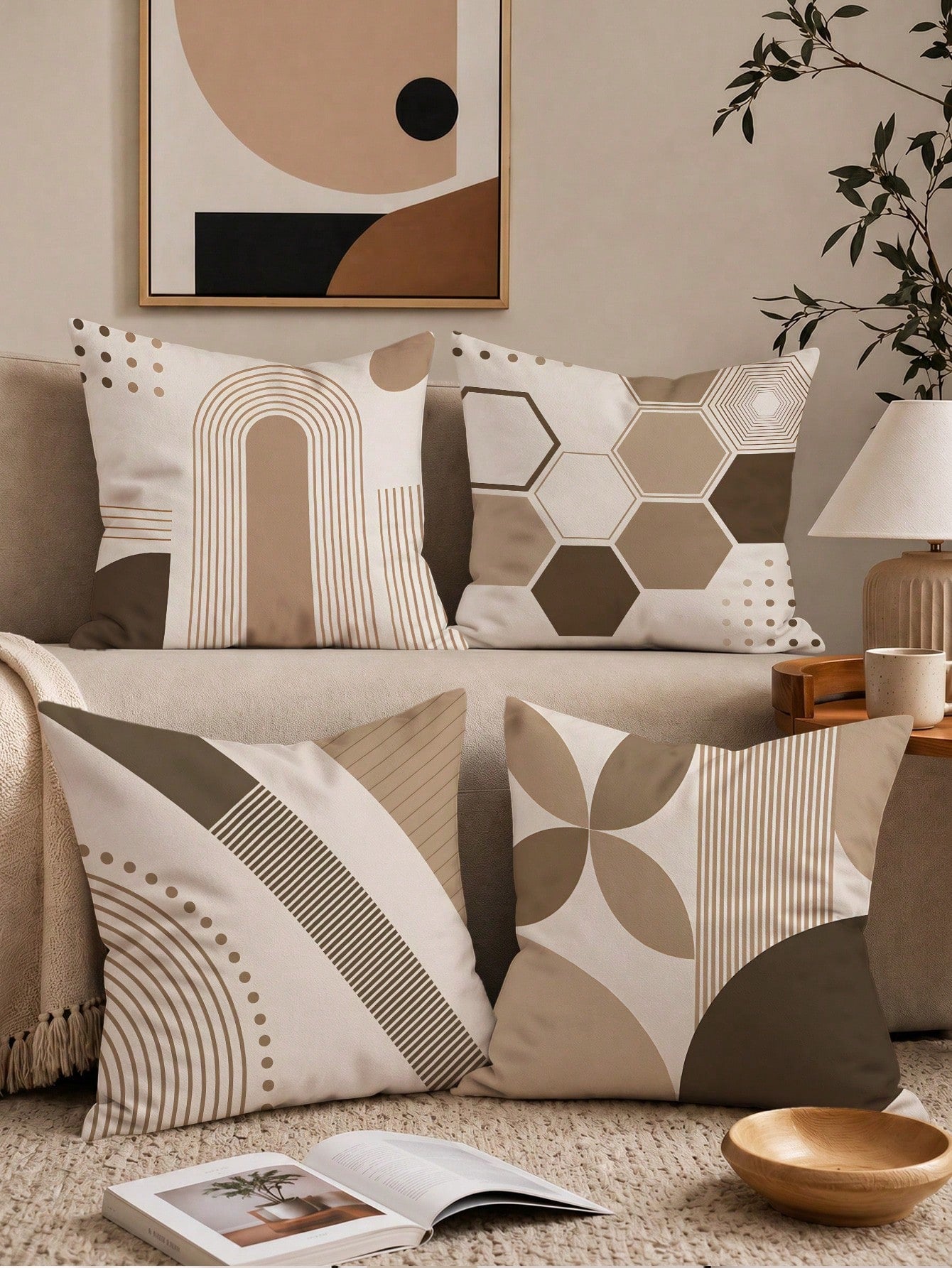 4pcs Beige Bohemian Arch Line Abstract Geometric Print Pillow Covers [Without Pillow Insert], 40*40cm/45*45cm/50*50cm, [Single-Sided Printing] Made Of Polyester Material Minimalist Modern Hexagon Stri