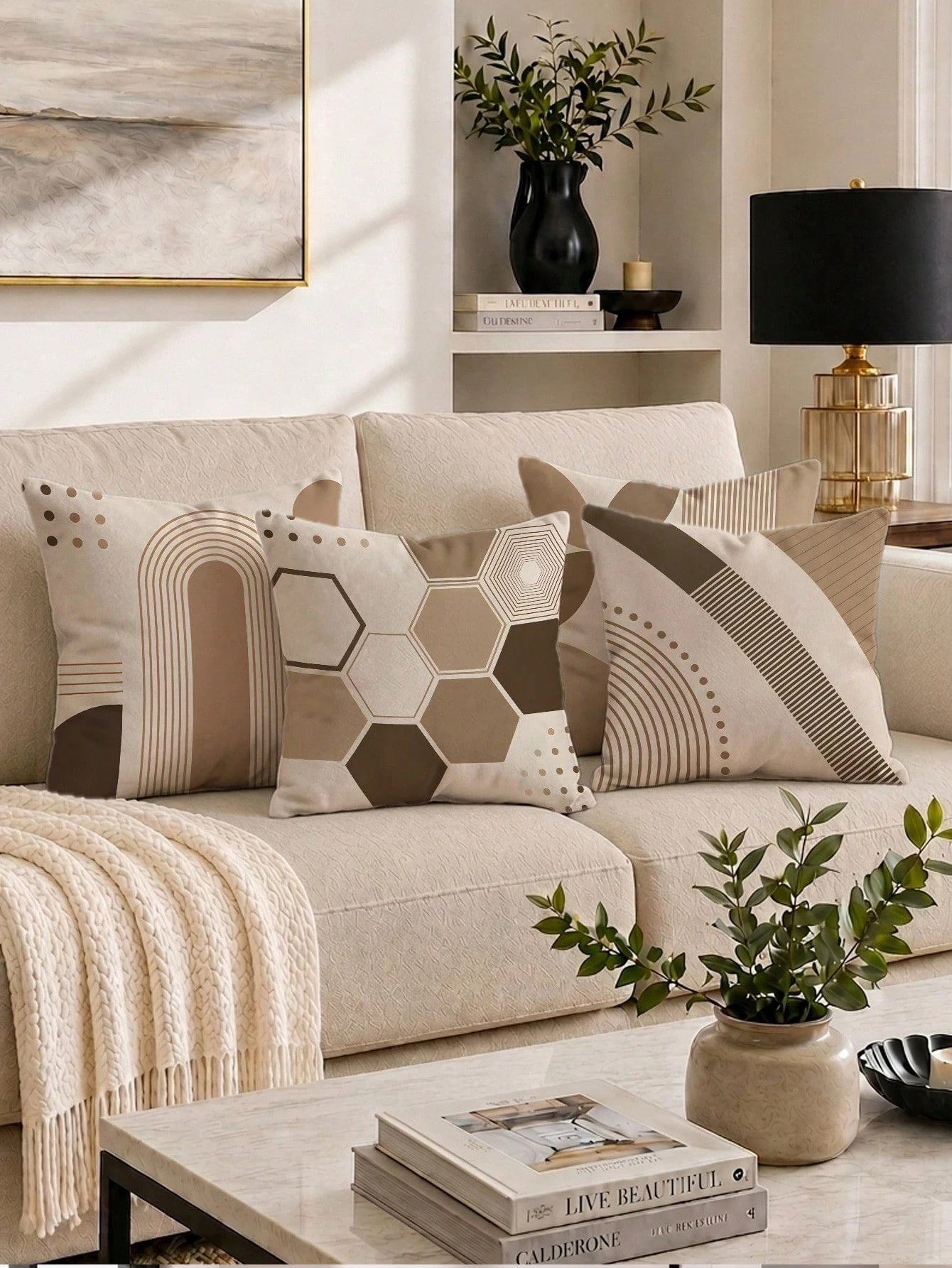 4pcs Beige Bohemian Arch Line Abstract Geometric Print Pillow Covers [Without Pillow Insert], 40*40cm/45*45cm/50*50cm, [Single-Sided Printing] Made Of Polyester Material Minimalist Modern Hexagon Stri