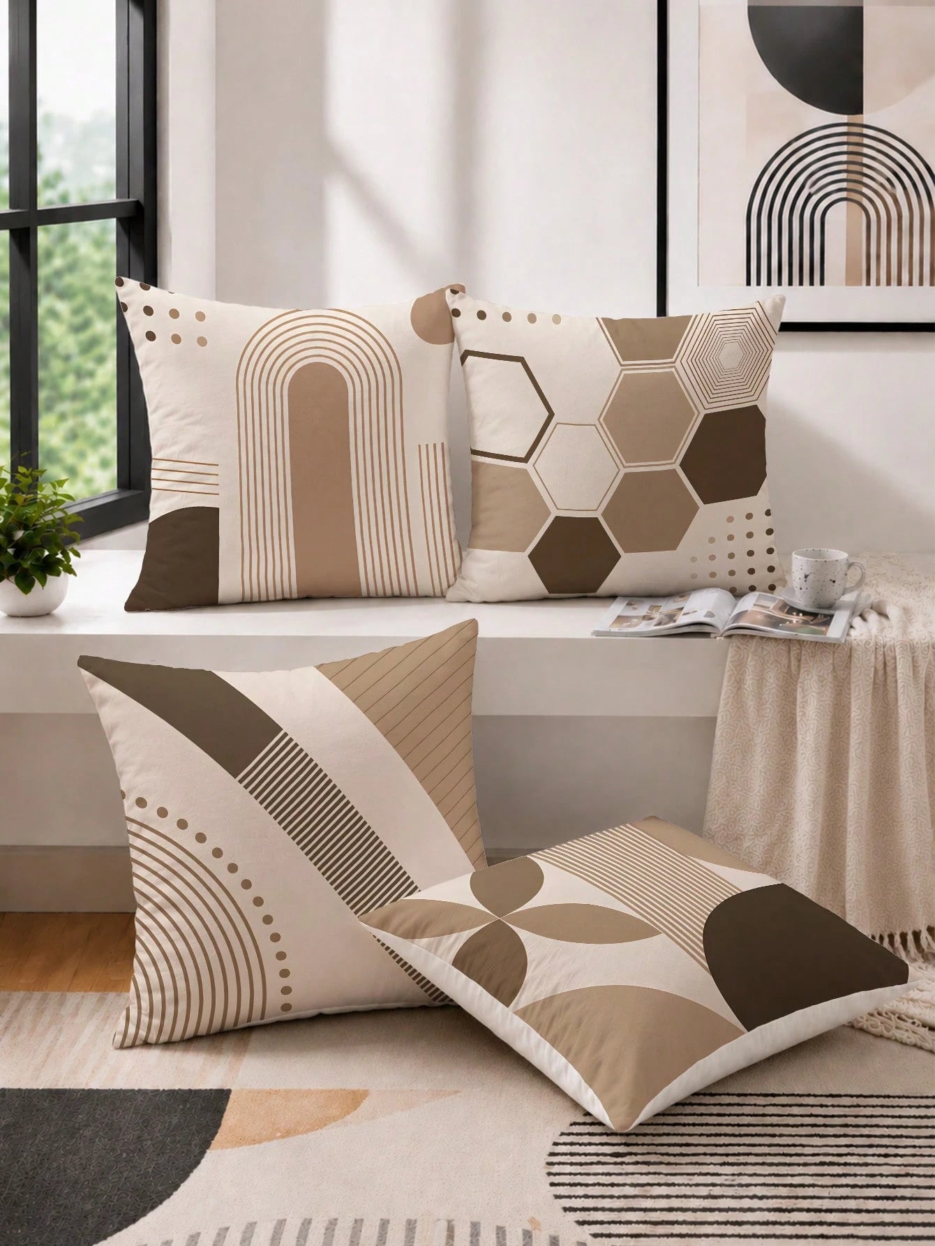 4pcs Beige Bohemian Arch Line Abstract Geometric Print Pillow Covers [Without Pillow Insert], 40*40cm/45*45cm/50*50cm, [Single-Sided Printing] Made Of Polyester Material Minimalist Modern Hexagon Stri