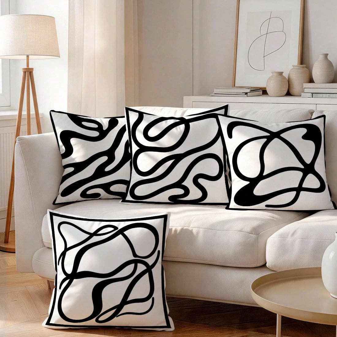 4pcs Black And White Abstract Line Pattern Pillow Covers, Single-Sided Printed Pillow Covers, Suitable For Living Room, Bedroom, Home Decor, All-Season Pillow Covers