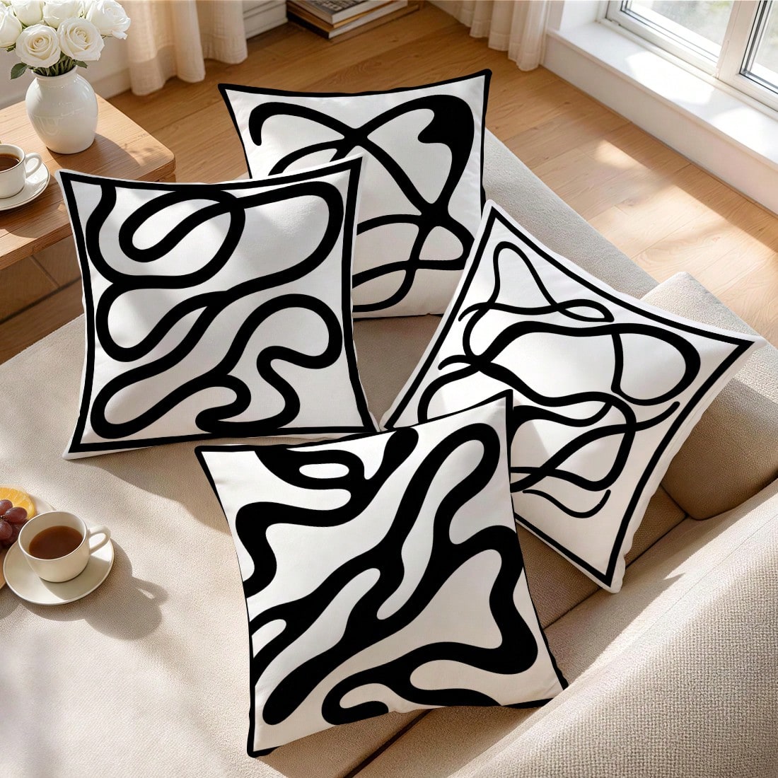 4pcs Black And White Abstract Line Pattern Pillow Covers, Single-Sided Printed Pillow Covers, Suitable For Living Room, Bedroom, Home Decor, All-Season Pillow Covers