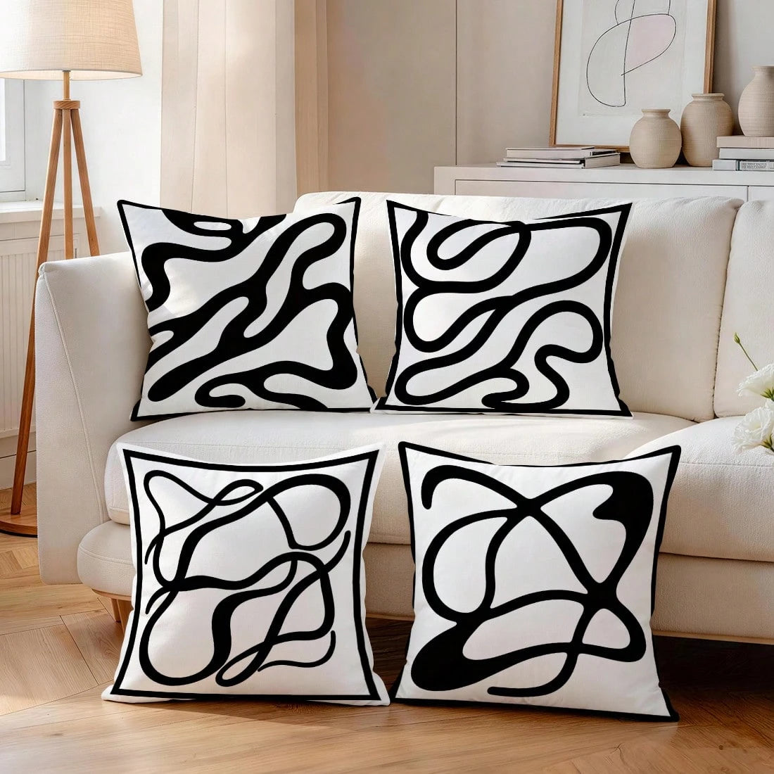4pcs Black And White Abstract Line Pattern Pillow Covers, Single-Sided Printed Pillow Covers, Suitable For Living Room, Bedroom, Home Decor, All-Season Pillow Covers