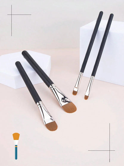 4pcs Black Handle Makeup Brush Set, Angled Flat Concealer & Eyeliner Brushes, Soft Synthetic Bristles For Precision Flawless Application, Ideal For Daily & Professional Makeup, Must-Have For Beauty Lo