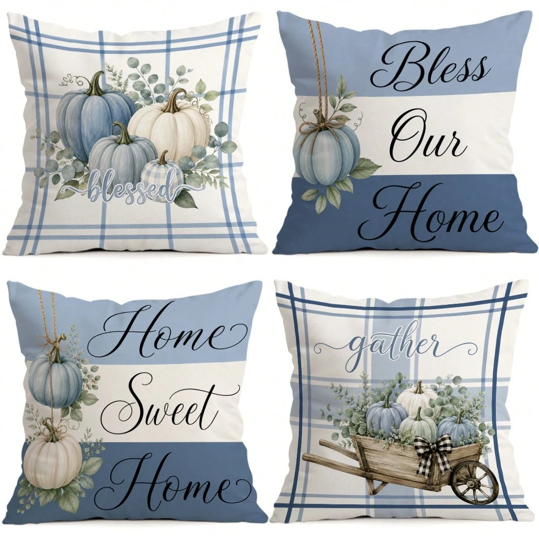 4pcs Blue Pumpkin Autumn Pattern Single-Sided Printed Pillow Covers/Cushion Covers, Multi-Scene Atmosphere Decor Pillow Covers Suitable For Living Room, Sofa, Bedroom, Without Pillow Insert