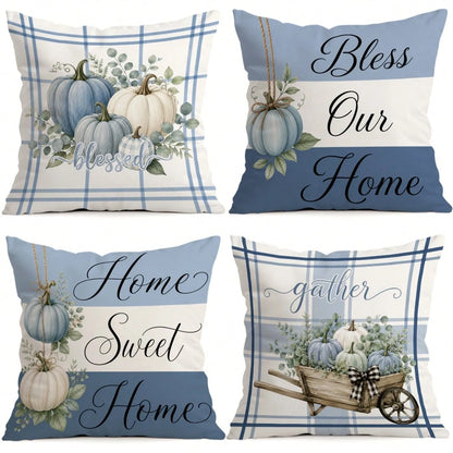 4pcs Blue Pumpkin Autumn Pattern Single-Sided Printed Pillow Covers/Cushion Covers, Multi-Scene Atmosphere Decor Pillow Covers Suitable For Living Room, Sofa, Bedroom, Without Pillow Insert