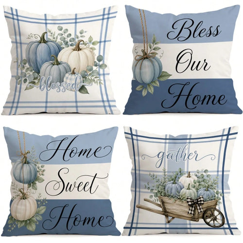 4pcs Blue Pumpkin Autumn Pattern Single-Sided Printed Pillow Covers/Cushion Covers, Multi-Scene Atmosphere Decor Pillow Covers Suitable For Living Room, Sofa, Bedroom, Without Pillow Insert
