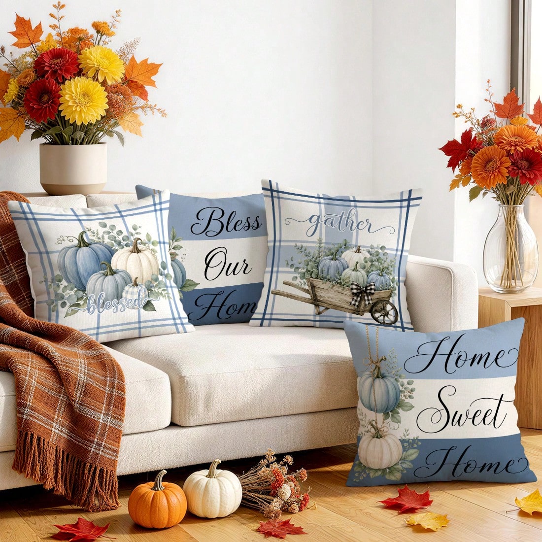 4pcs Blue Pumpkin Autumn Pattern Single-Sided Printed Pillow Covers/Cushion Covers, Multi-Scene Atmosphere Decor Pillow Covers Suitable For Living Room, Sofa, Bedroom, Without Pillow Insert